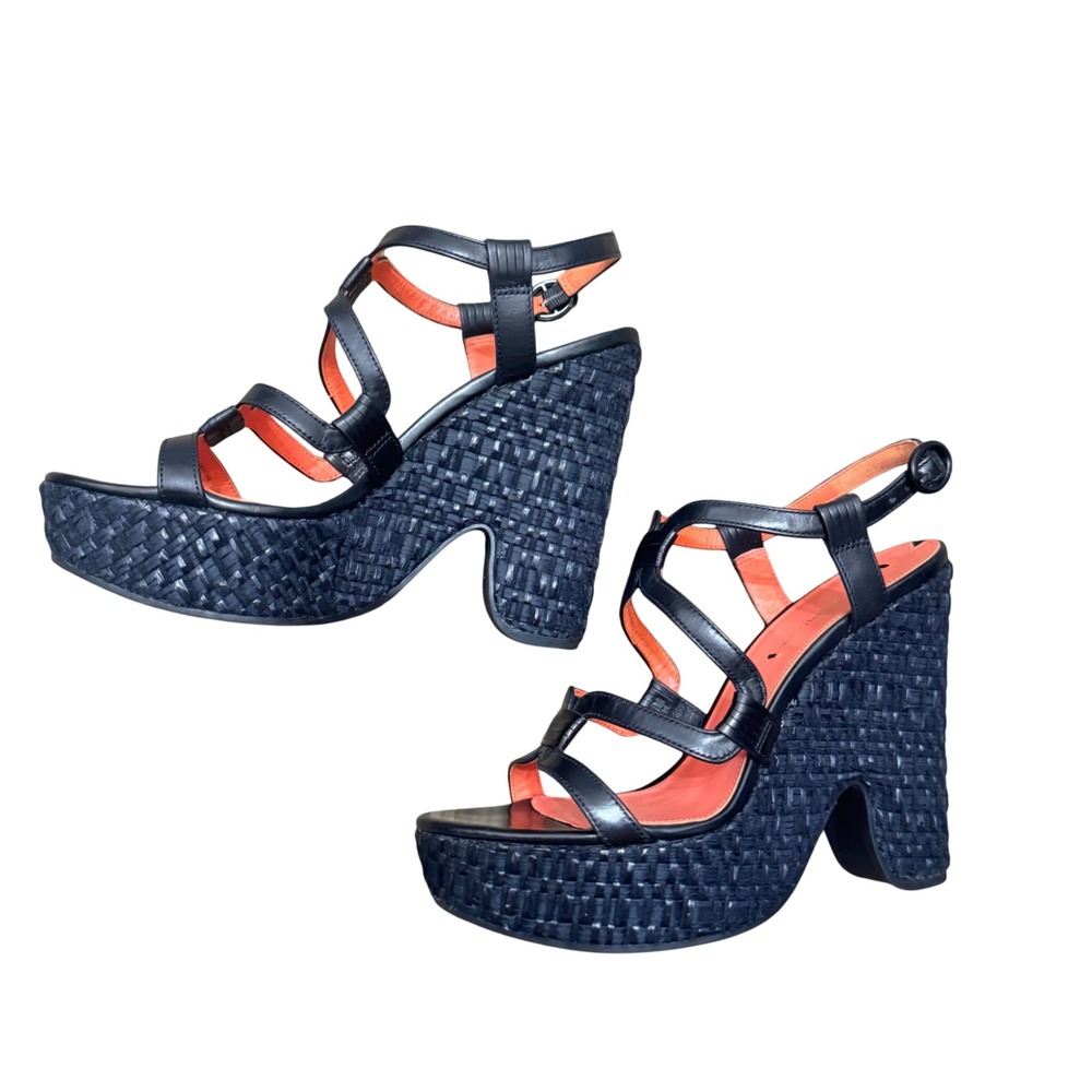 Via Spiga Cai Black Leather Espadrille Wedge Platform Sandals‎ Sz 8